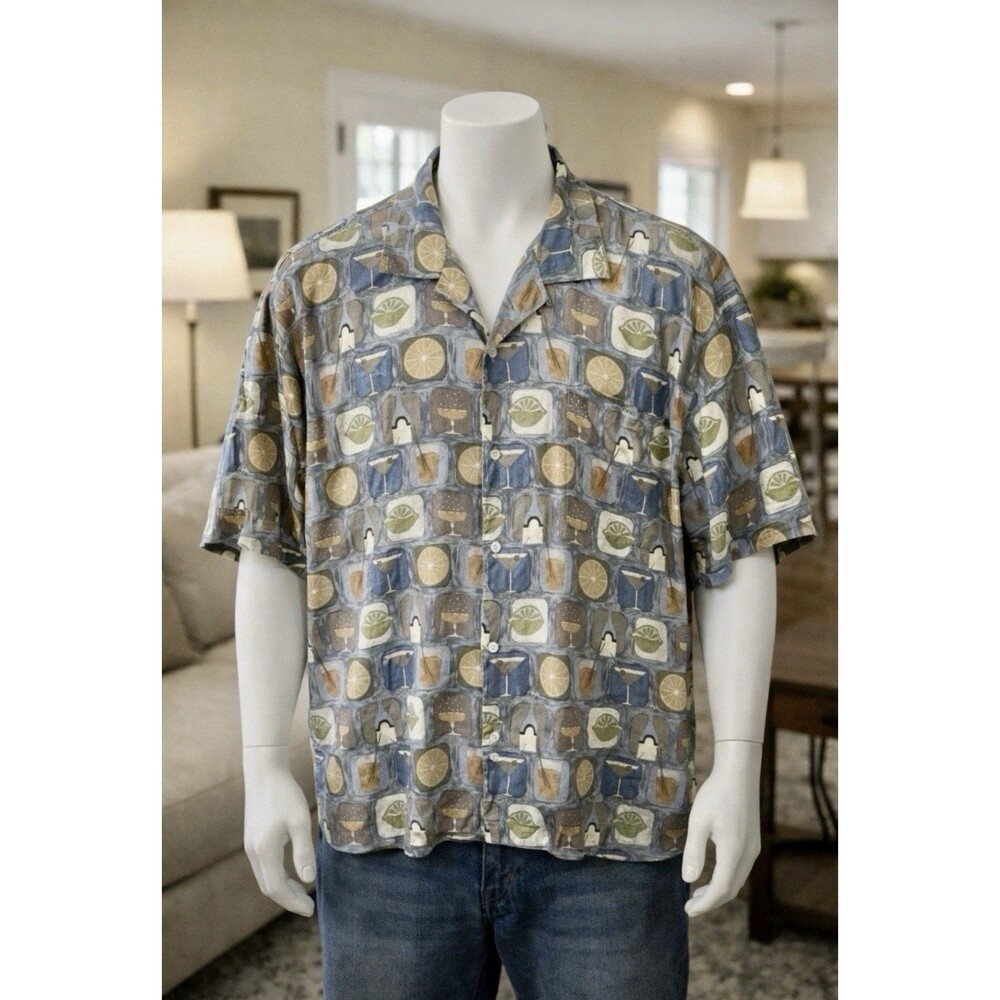 Bachrach 100% Silk Short Sleeve Button Up Martini Bar Drinks Shirt Men’s Size XL